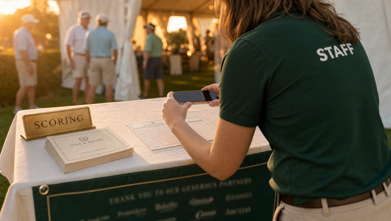 A volunteer at the scoring table photographs a handwritten scorecard with a phone