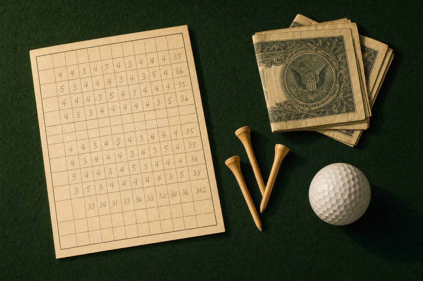 A paper scorecard, folded bills, tees and a ball on pine-green felt