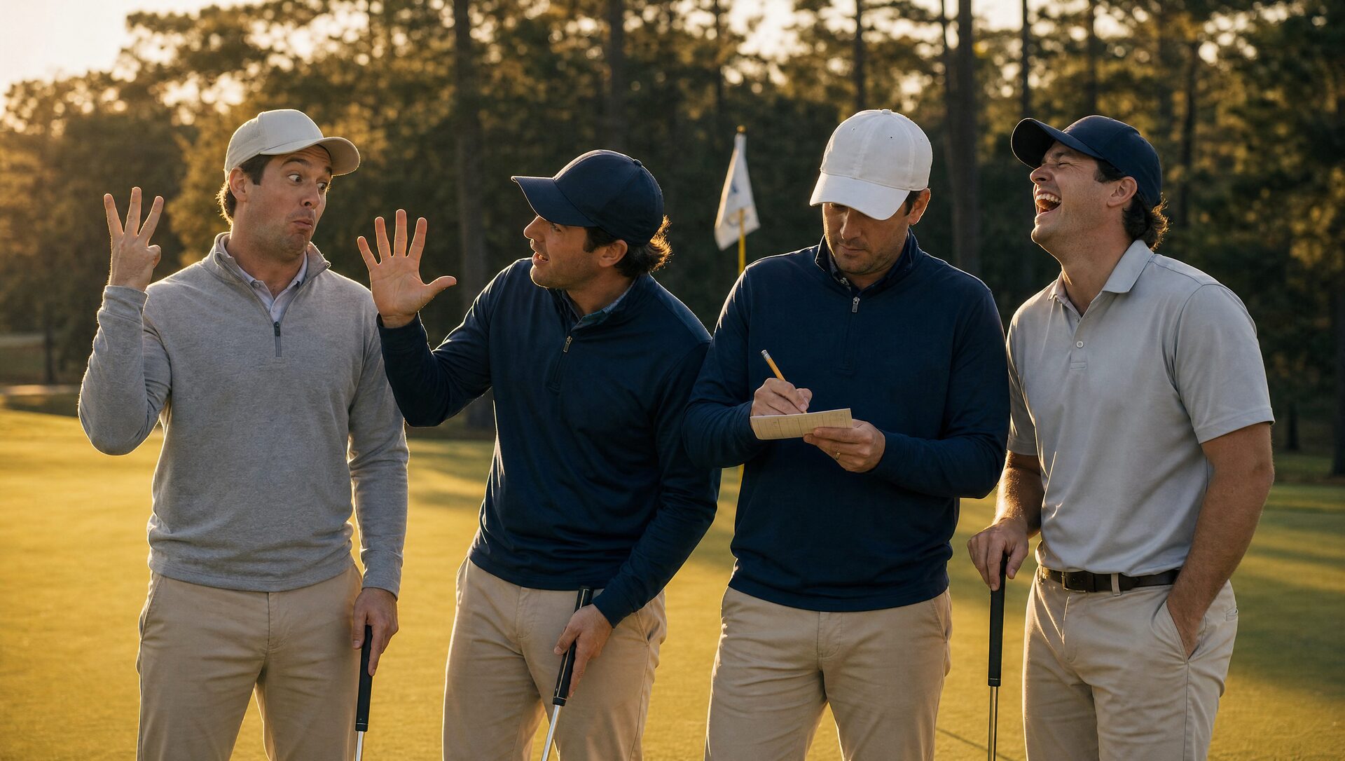 Four golfers on the green: one claims a three with an innocent face, his buddy holds up five, and the scorekeeper writes down the real number