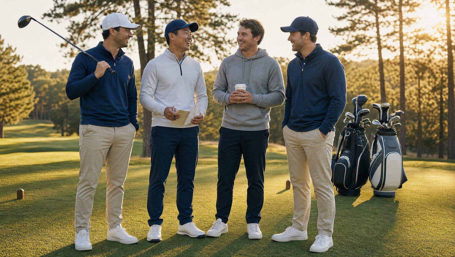 Four buddies on the first tee at morning, three golfers laughing with one clearly-not-a-golfer in a hoodie holding his coffee