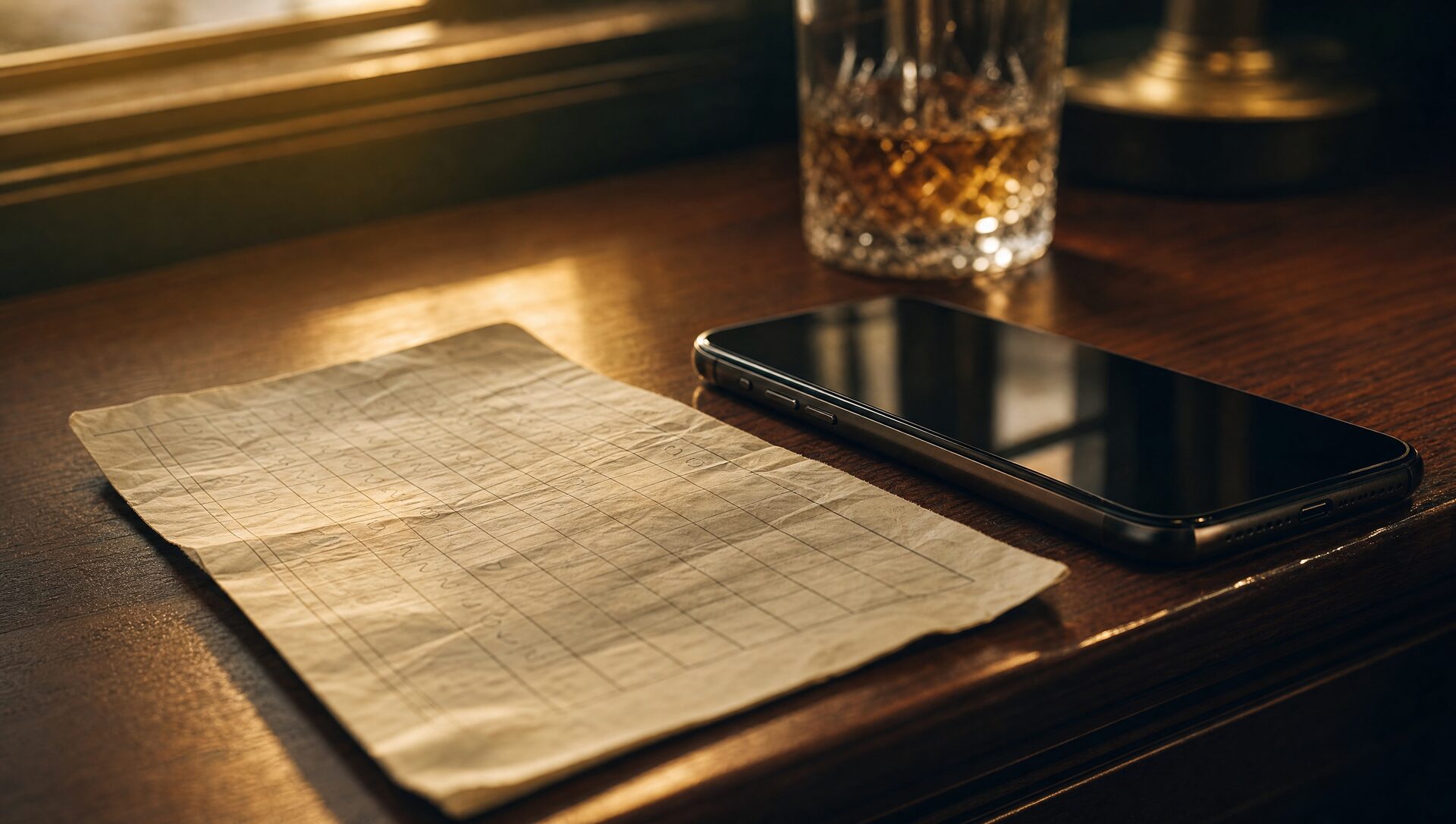A weathered paper scorecard and a phone with its screen off, side by side on a clubhouse bar in late light, a glass behind them