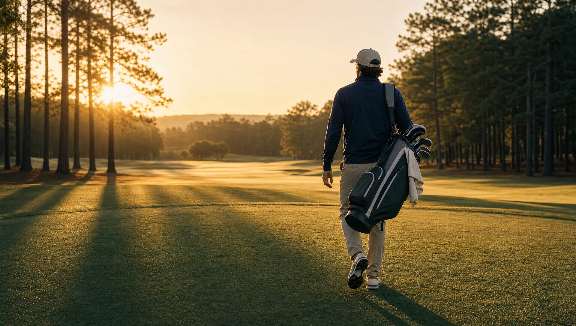 One golfer walking alone up an empty fairway at golden hour, carry bag over his shoulder, long pine shadows across the grass