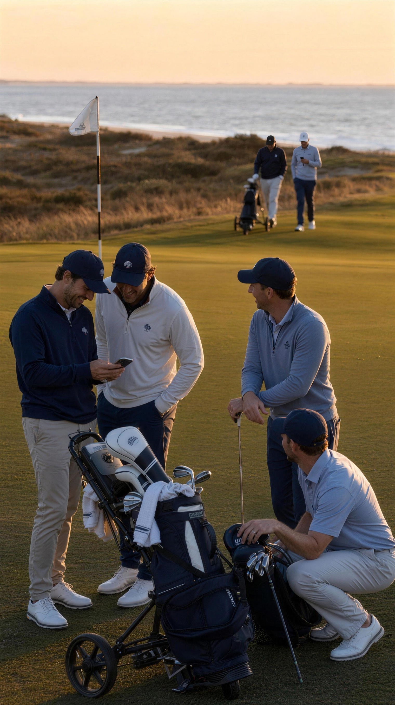 Two groups of golfers across a links course at dusk, each checking the live leaderboard on a phone