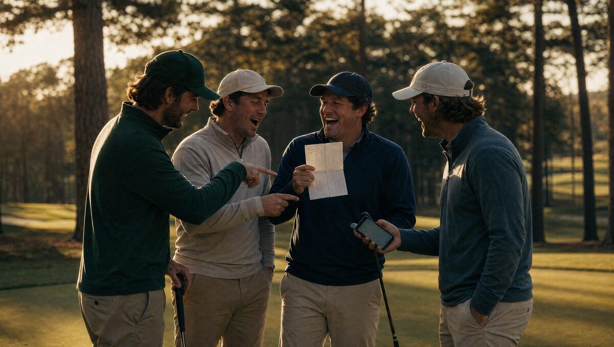 Four golf buddies at golden hour laughing over a paper scorecard, one pointing at it in mock protest while another holds up the rungs on his phone