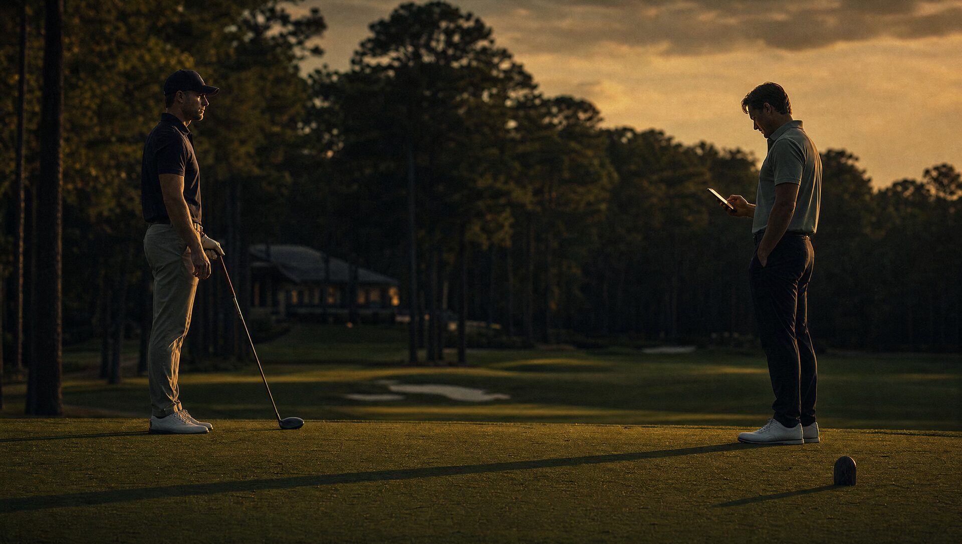 Dusk on a first tee: two golfers stand a few paces apart before their head-to-head match, one checking the callout on his phone