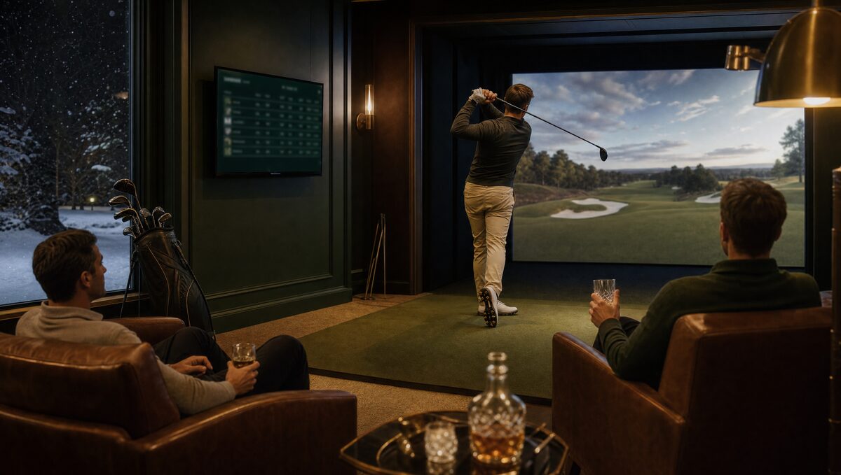A simulator lounge on a winter night: a golfer swings in the bay while friends watch from leather chairs, the standings glowing on a wall TV