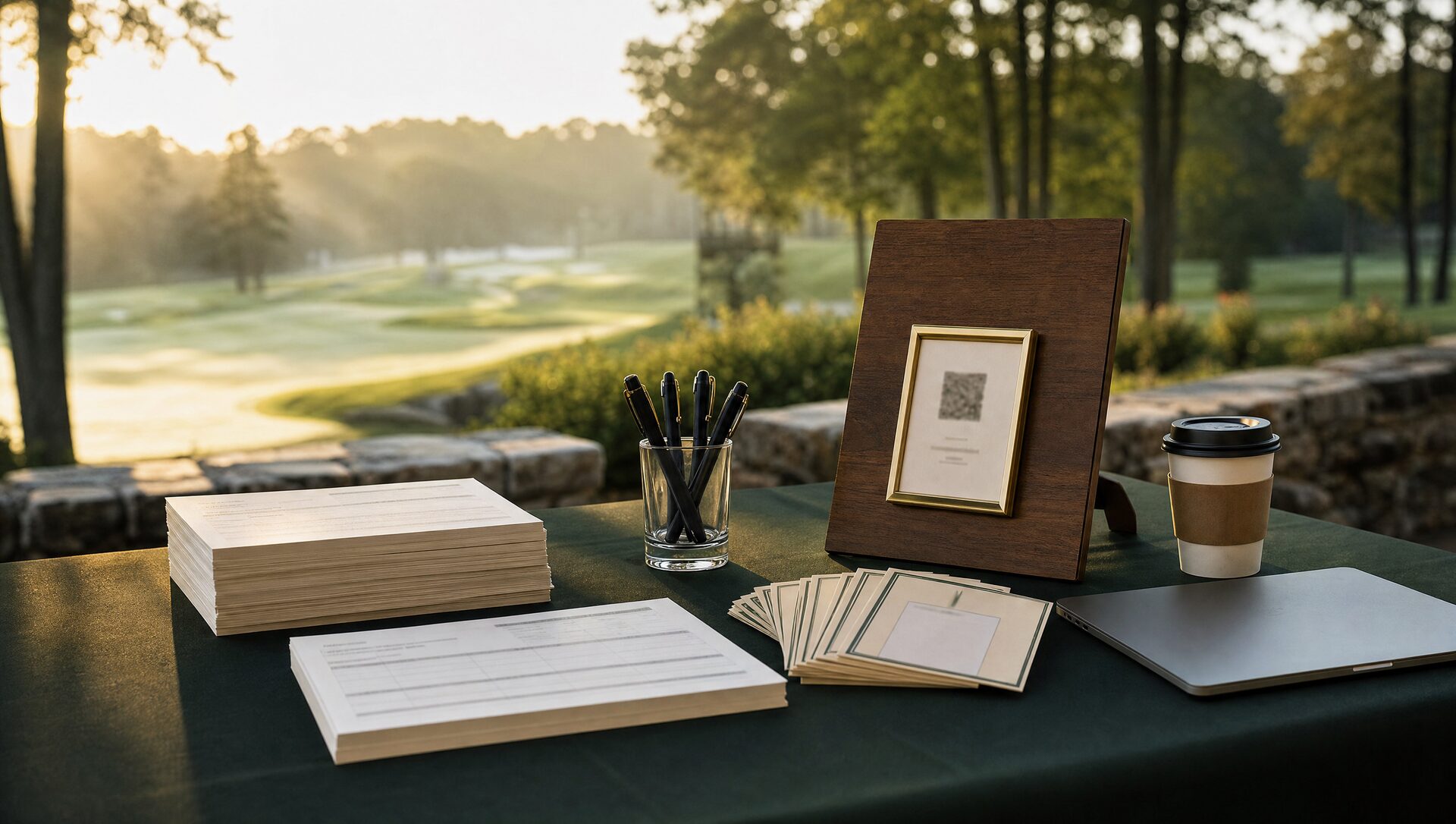 The check-in table at sunrise: printed tee sheets, cart signs, scorecards, and a framed QR code