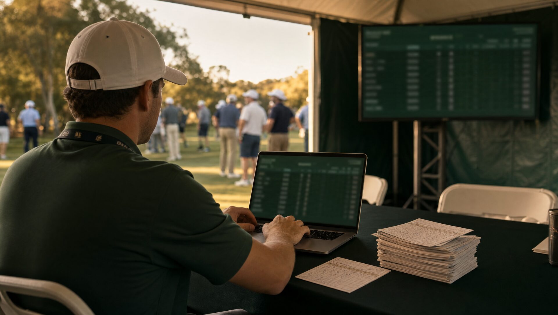 A volunteer in the scoring tent types a paper scorecard while the leaderboard glows on the laptop and the tent TV