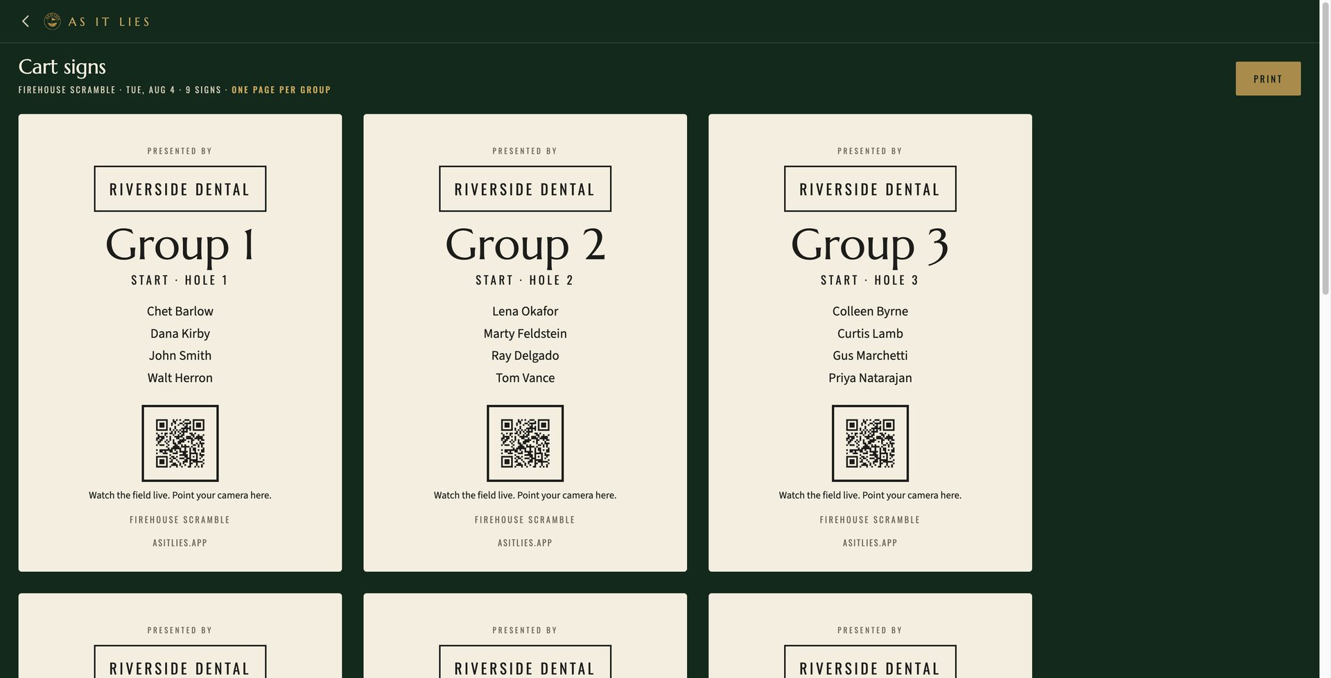 Cart signs: one per group with its starting hole and join QR