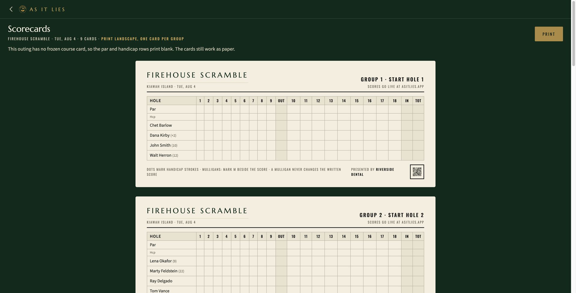 Scorecards with handicap strokes pre-dotted