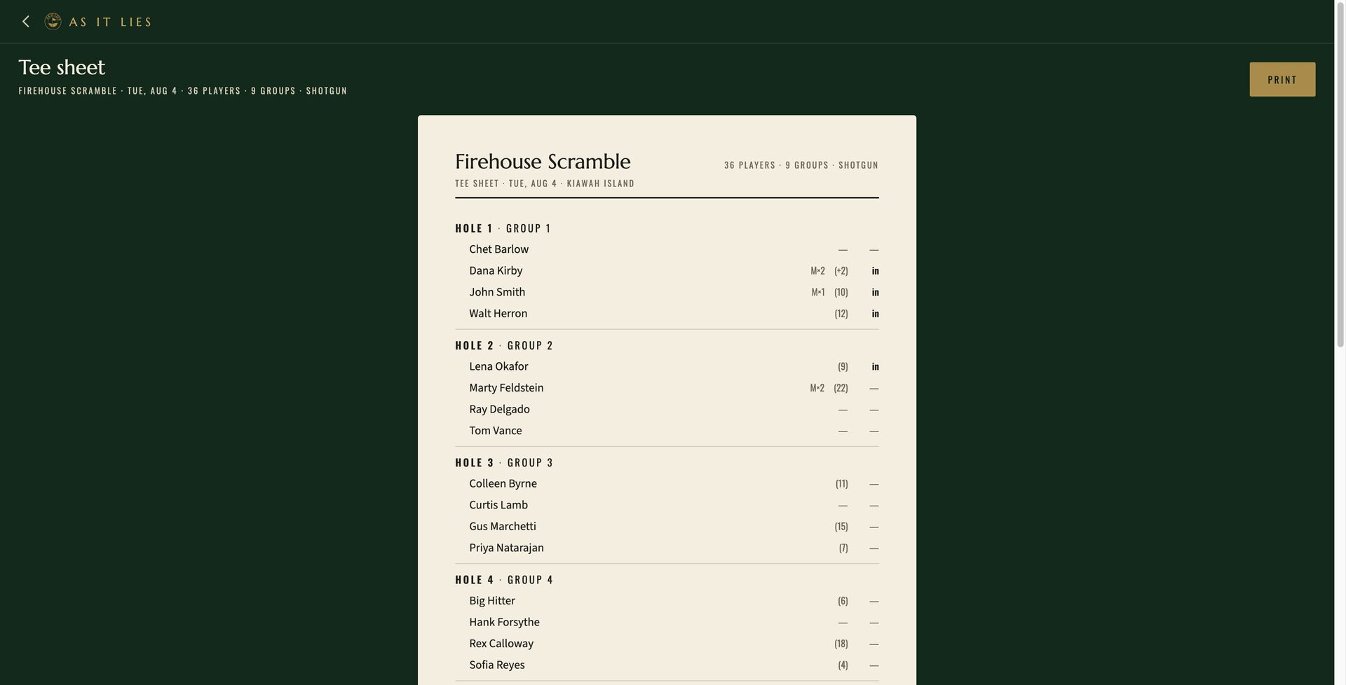 The printed tee sheet: groups in start order