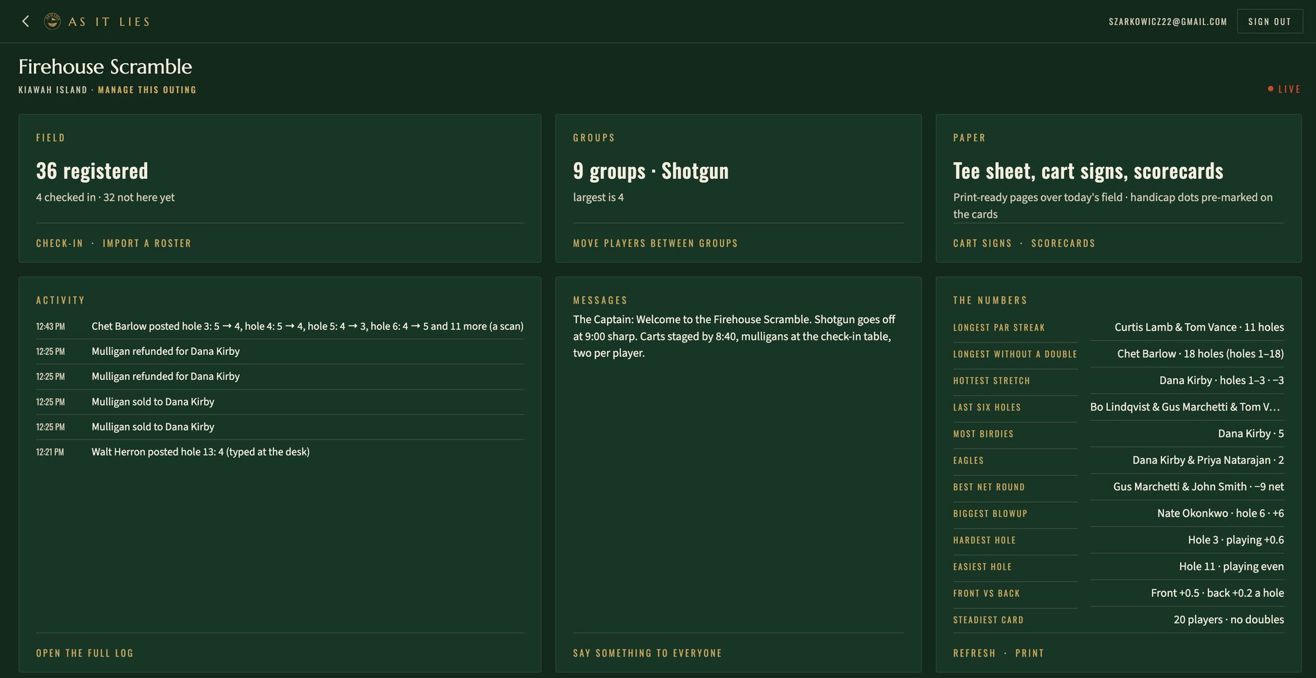 The one screen that runs the outing: field, groups, paper, activity, messages and the live numbers