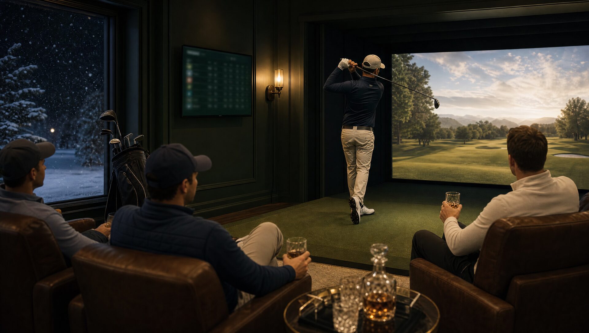 A golfer holds his finish in the glowing simulator bay while three friends watch from leather chairs, snow falling outside the window