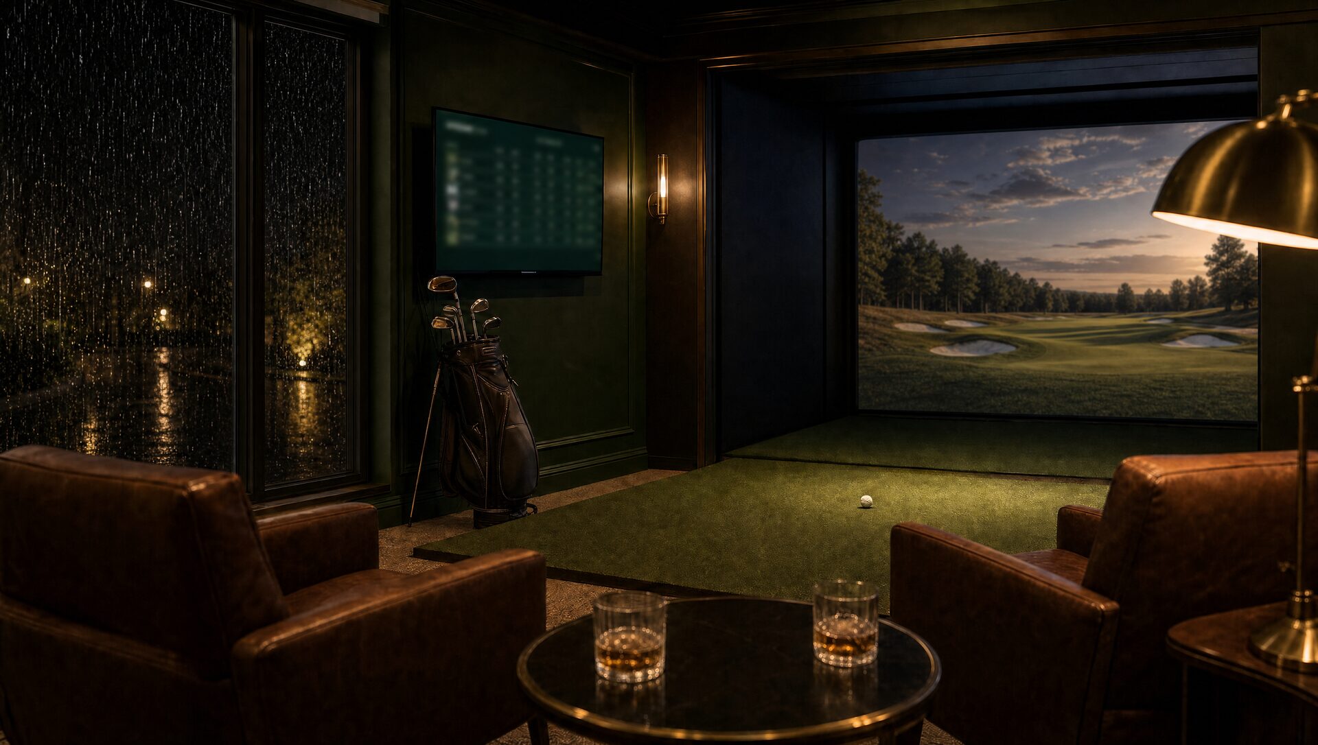 The empty simulator lounge at closing time: a ball still on the turf, two unfinished drinks, the standings glowing on the wall TV, rain on the windows