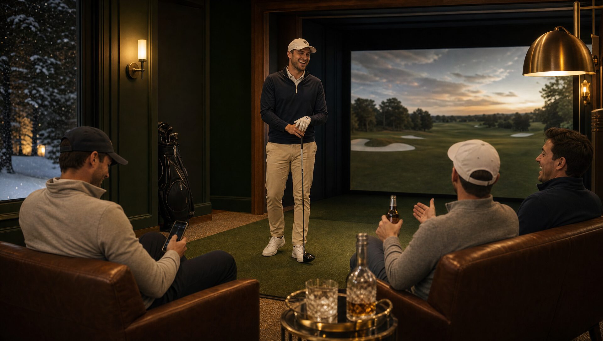 League night in the simulator bay: one golfer laughing with the driver, one checking the standings on his phone, two friends applauding the shot