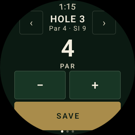 A round watch showing hole 4, par 4, the score ready at par with minus and plus buttons and a brass Save button